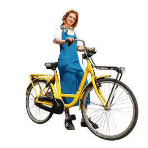 Yellow Bike staff member with a yellow city bike, ready to help with route tips